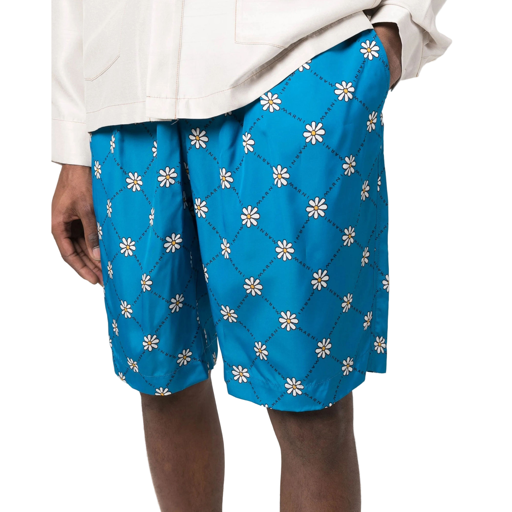 Bermuda Shorts Marni Straight Leg Pleated Logo-Print Satin Blue