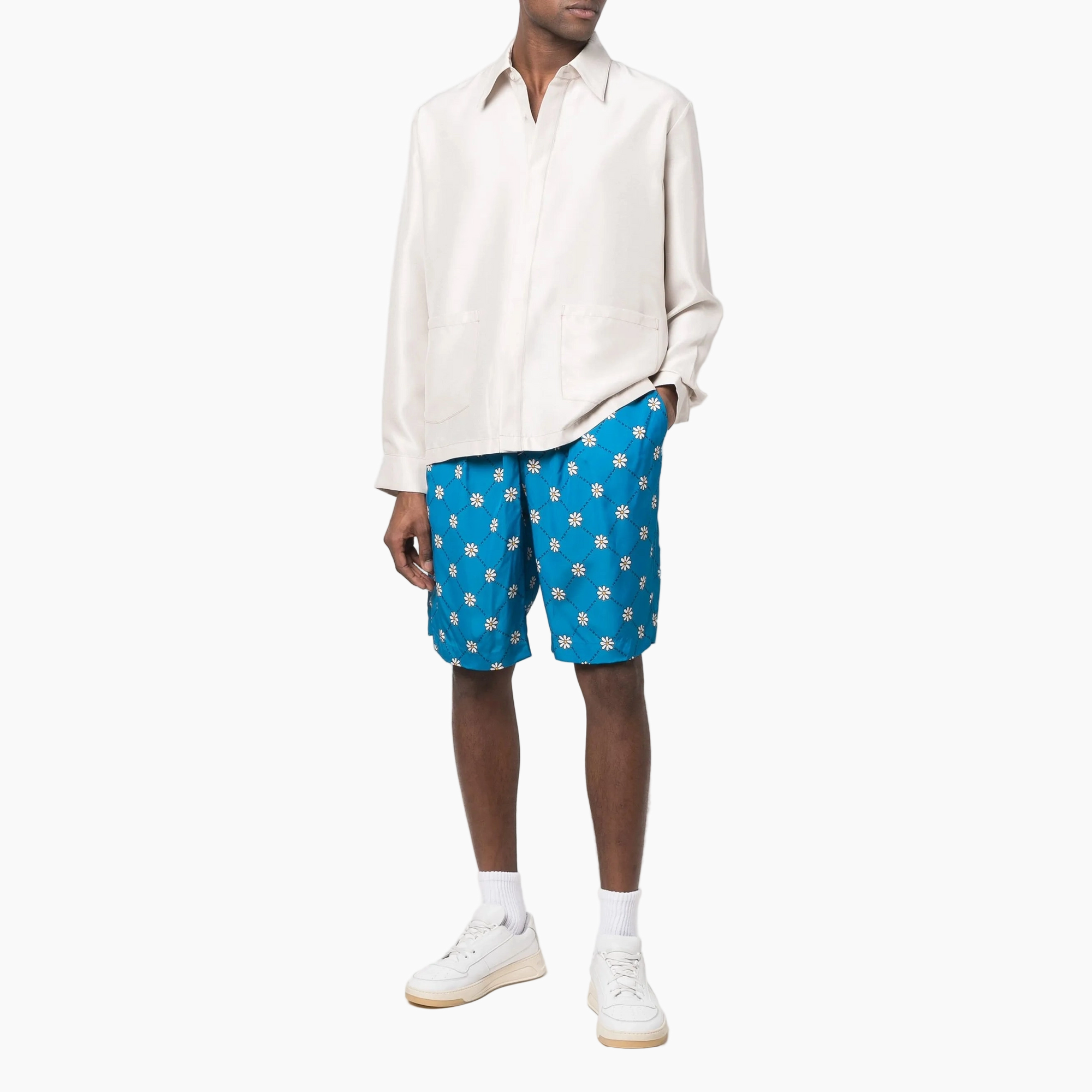 Bermuda Shorts Marni Straight Leg Pleated Logo-Print Satin Blue